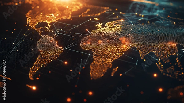 Obraz Futuristic Digital World Map with Glowing Network Connections