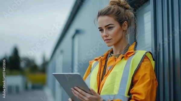 Obraz Female solar technician standing looking at plans on tablet on white background, wearing reflective vest, determined and focused face