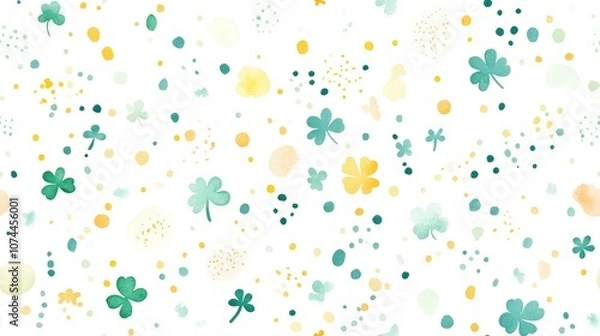 Fototapeta Watercolor seamless pattern with green clovers and yellow dots on a white background.