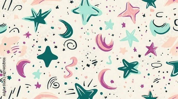 Fototapeta A doodle pattern background with a mix of random abstract shapes like stars, moons, and whimsical squiggles in shades of pink, teal, and lavender on a neutral background. 