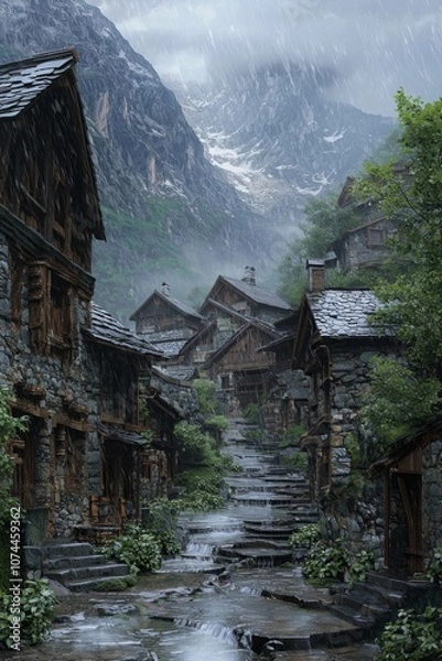 Fototapeta A misty mountain village in the rain, with sloped roofs