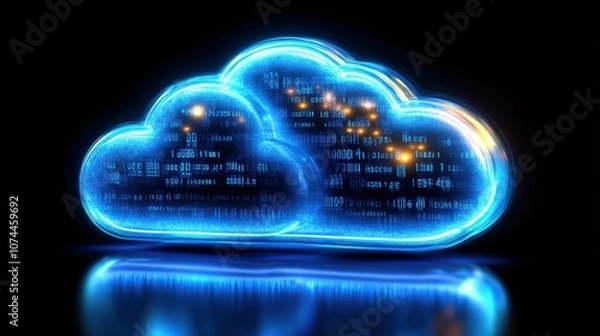 Fototapeta Futuristic Digital Cloud with Glowing Binary Code Representing Data Storage and Technology in a Dark Background for Modern Concepts of Cloud Computing and Security
