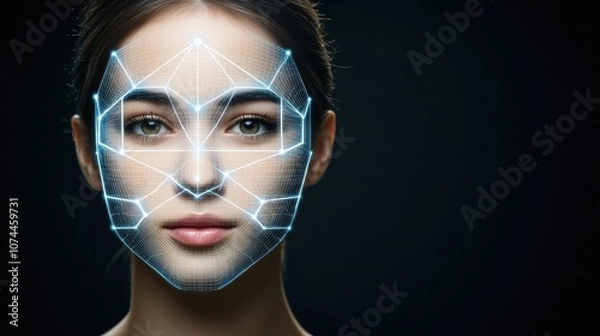Fototapeta A digitally enhanced portrait of a woman with a geometric, algorithmic overlay representing facial recognition technology.