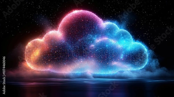 Fototapeta Colorful Digital Cloud Formation Against a Starry Night Sky with Glowing Particles and Abstract Light Effects for Technology and Innovation Concepts