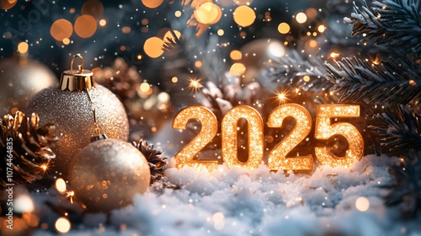 Fototapeta New Year 2025 Number with Festive Decorations and Sparkling Lights