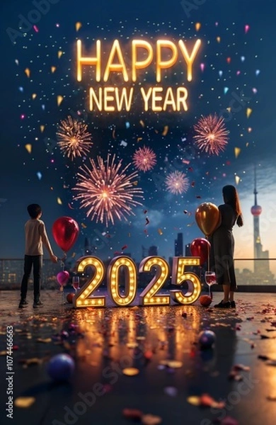 Obraz Happy New Year 2025 made of sparkles firework at night background