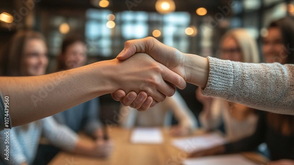 Fototapeta Cheerful handshake close up in collaborative meeting environment