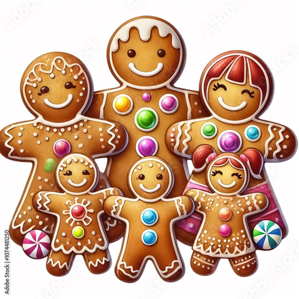Fototapeta A gingerbread family with varying sizes, each decorated with colorful icing and candy.
