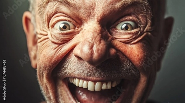 Fototapeta Happy face expression with a delighted reaction, wide smile and laughter, showing warmth and positivity