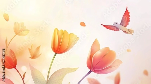 Fototapeta Vector illustration of flowers and leaves, tulips, digital art style, flat design, white background, vector graphics, bright colors, rich details, elegant lines, flowers in hand drawn style, flowers a