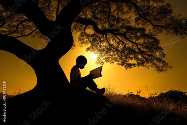 Fototapeta Silhouette of Child Reading Under Tree at Sunset