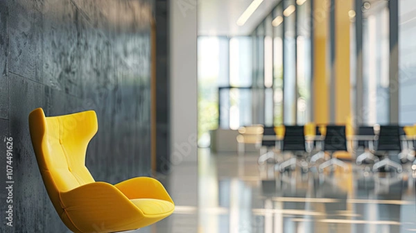 Fototapeta A yellow chair is sitting in a large room with a lot of chairs office