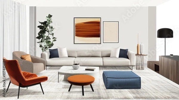 Fototapeta Layout of a living room featuring modern furniture and color scheme.