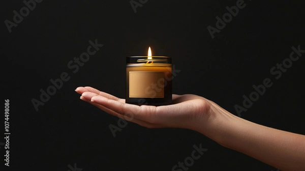 Obraz Hand presenting a luxury candle, fingers delicately holding the jar to showcase the label and design.