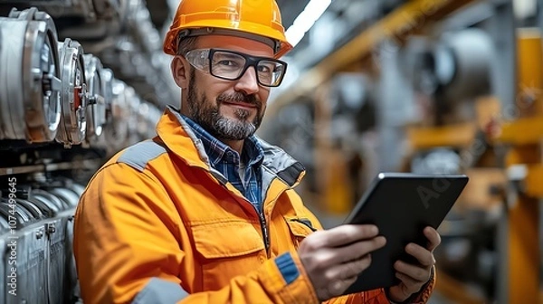 Fototapeta Man in an orange work jacket using a tablet in a factory environment.