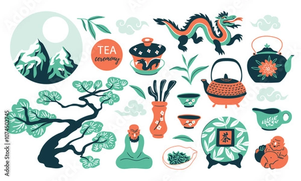 Fototapeta Vector Chinese tea ceremony collection in Flat trendy hand-drawn style. Set of various tea equipment for tea ceremony. Objects Isolated on white background. Teapot, cups and Chinese dragon.