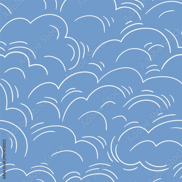 Fototapeta Vector clouds seamless pattern in hand-drawn style. Line abstract repeat design for fabric, wallpaper or wrapping paper. Line art seamless pattern.