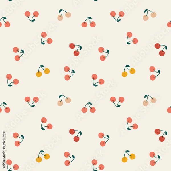 Fototapeta Vector simple cherry seamless pattern in light delicate colors. Fruit repeat texture for lingerie. Cherry fabric design.