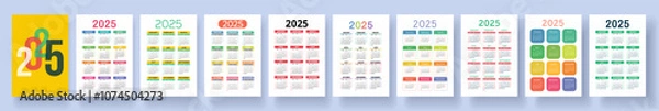 Fototapeta 2025 calendar set. Vector pocket calender design. Week starts on Sunday. January, February, March, April, May, June, July, August, September, October, November, December