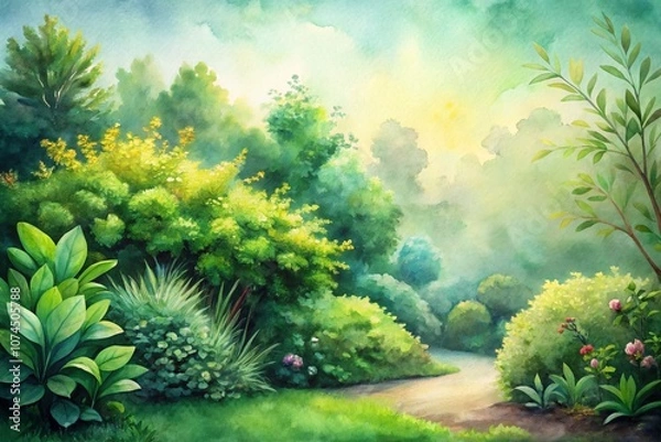 Fototapeta Lush Green Bushes in Watercolor Style with Soft Pastel Hues and Delicate Textures - Perfect for Nature-Inspired Art or Backgrounds with Ample Copy Space
