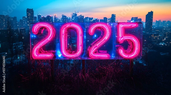 Obraz New Year 2025 Number in Neon Cityscape Style