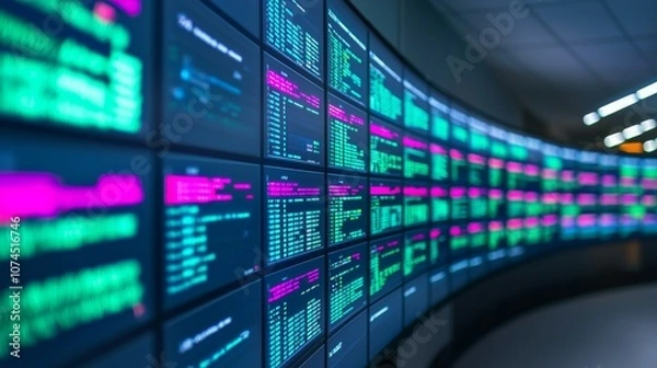 Fototapeta Wall of Monitors with Code.
