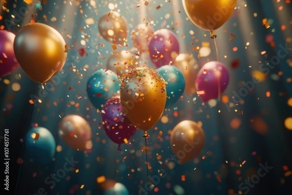 Fototapeta Colorful balloons filled with confetti floating in the air, great for celebrations and parties