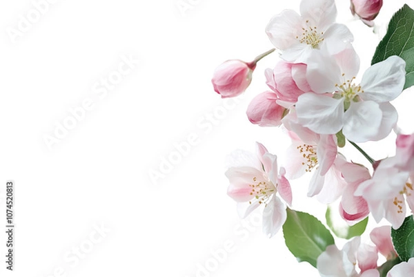 Fototapeta A frame of delicate pink and white blossoms with green leaves on the edges, against a white background, in high-resolution photography.