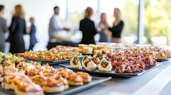 Obraz Appetizing spread of gourmet appetizers at a networking event held in a bright, modern venue during daytime