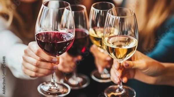 Obraz Friends joyfully toasting with glasses of red and white wine at a cheerful gathering celebrating special moments