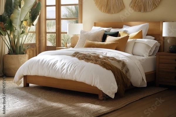 Fototapeta Rustic Bedroom Decor with Cozy Bedding in Earth Tones, Natural Light and Indoor Greenery for Warm, Inviting Ambiance