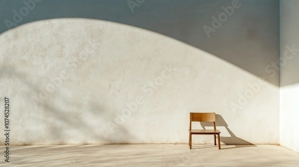 Fototapeta Wooden Chair with Shadow on Minimalist Wall, Sunlit Interior Design Concept Showcasing Simplicity and Tranquility