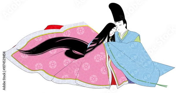 Obraz 平安王朝風の男女の逢瀬のイラスト。日本の民族衣装「狩衣」の男性と「袿」の女性