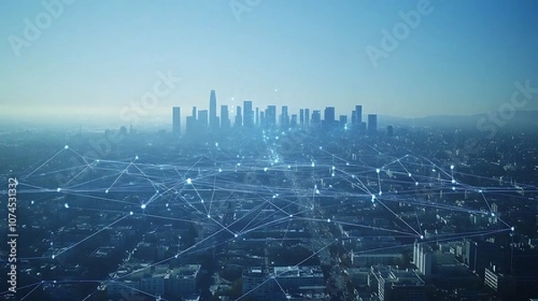 Fototapeta City skyline with digital connections represent, Network connection technology on the city
