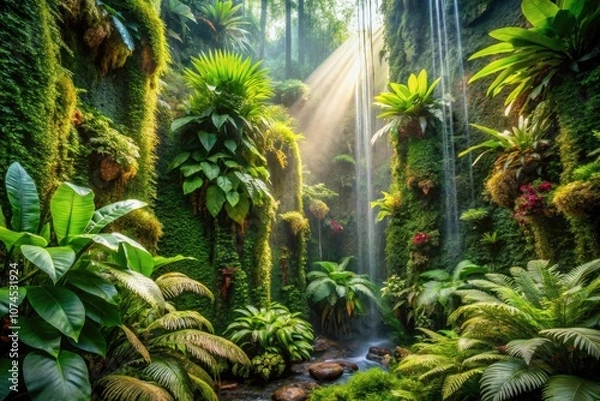 Fototapeta Surreal Lush Vertical Garden in Rain-Drenched Forest with Vibrant Ferns and Mosses Under a Canopy of Greenery, Showcasing Natureâ€™s Tranquility and Beauty