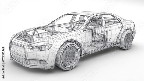 Obraz Car model body structure in wireframe 3D rendering