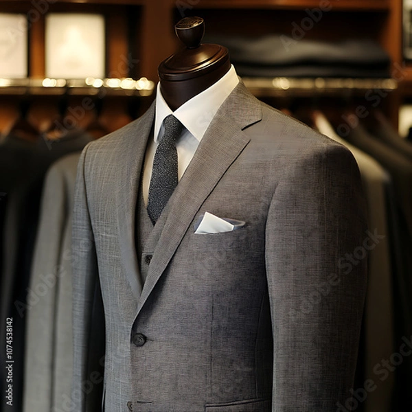 Obraz stylish gray suit displayed on mannequin in tailored clothing store, showcasing elegance and sophistication. Perfect for formal occasions