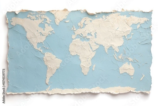 Fototapeta A textured world map illustration with a blue background and torn paper edges.
