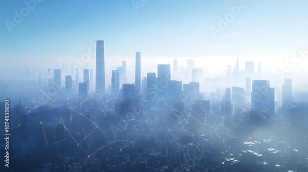 Fototapeta City skyline with digital connections represent, Network connection technology on the city
