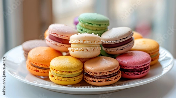 Fototapeta A cute plate of colorful macaron cookies with cream filling inside.