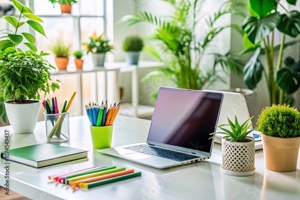 Obraz Stylish and Inviting Workspace Featuring a Laptop, Lush Green Plants, and Colorful Stationery on a Bright White Desk for Modern Productivity and Inspiration