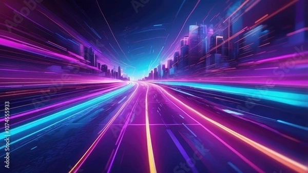 Fototapeta Concept of a panoramic high-speed technology with a bright, abstract backdrop. picture of a road with fast movements. Neon glow in blue and purple on an abstract background-