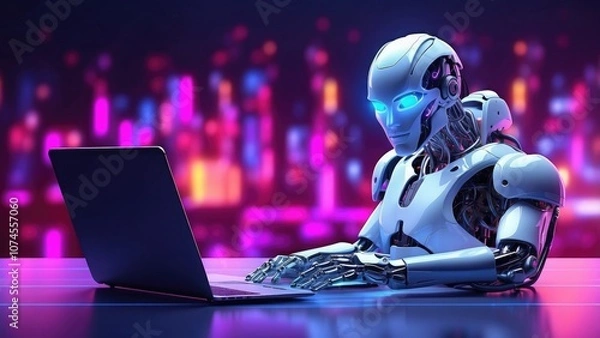 Fototapeta Neon lights and a laptop are used by an artificial intelligence robot in this future 3D illustration banner.-