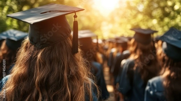 Fototapeta A group of graduates in caps and gowns stand together outdoors, facing a sunlit scene, embodying accomplishment and hope, one prominently visible from the back.