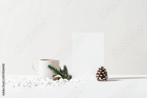 Fototapeta Minimalist Christmas mockup with a blank card, a cup of coffee, snow-like decoration, and pine branches against a white background, evoking a calm and festive winter atmosphere