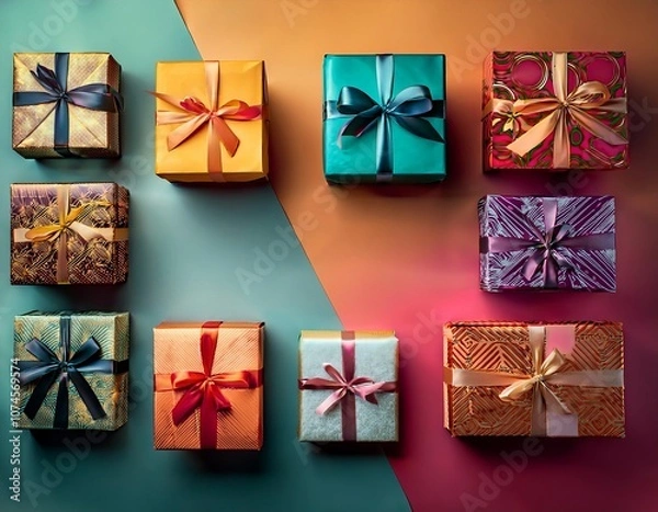 Fototapeta A variety of beautifully wrapped gift boxes in different colors and patterns, arranged festively for the holiday season.