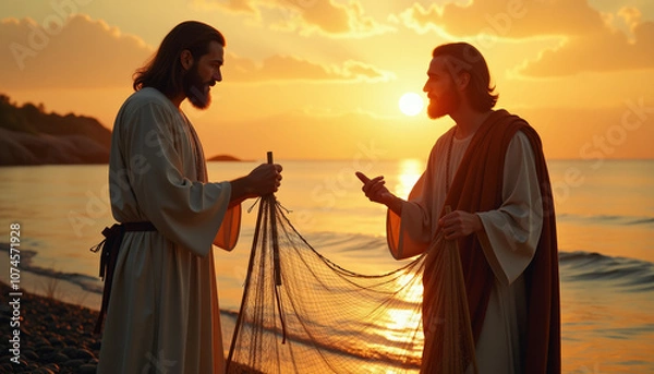 Fototapeta Jesus calls Peter to be his disciple at sunrise by the sea, signifying the beginning of his ministry and the call to follow him