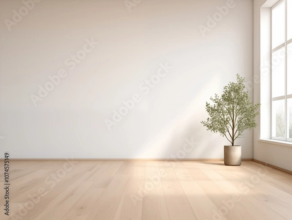Fototapeta  A bright and airy room with light wooden flooring, featuring an empty wall for design mockups. The space is bathed in natural sunlight from the window on one side.