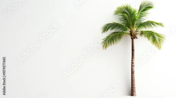 Fototapeta A solitary coconut tree with its textured trunk and vibrant green fronds is placed on a white background.