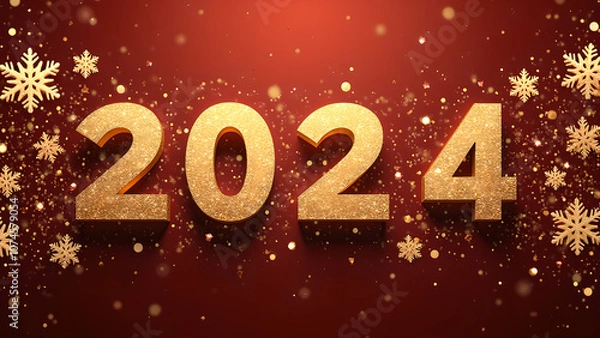 Obraz Golden 2024 New Year Greeting with Snowflakes and Glittering Background